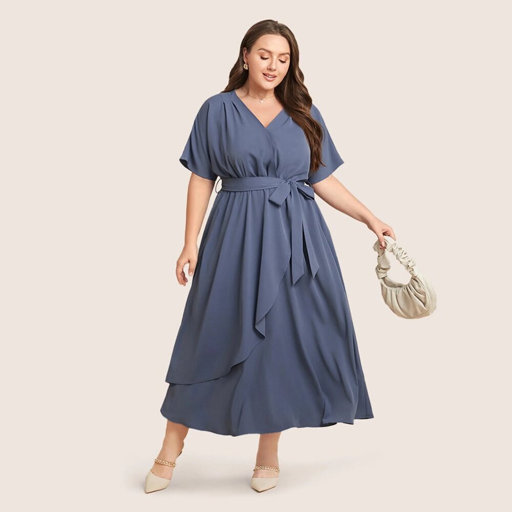 NWT BloomChic StonePlain Dolman Sleeve Pocket Belted Surplice Neck Flutter Dress - Picture 4 of 8